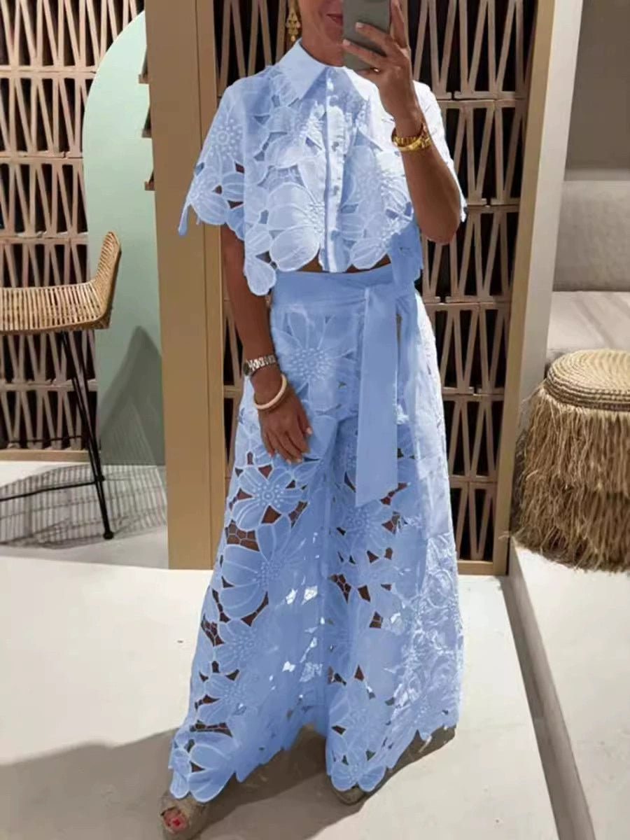 Embroidered Cutout Shirt and Pants Set